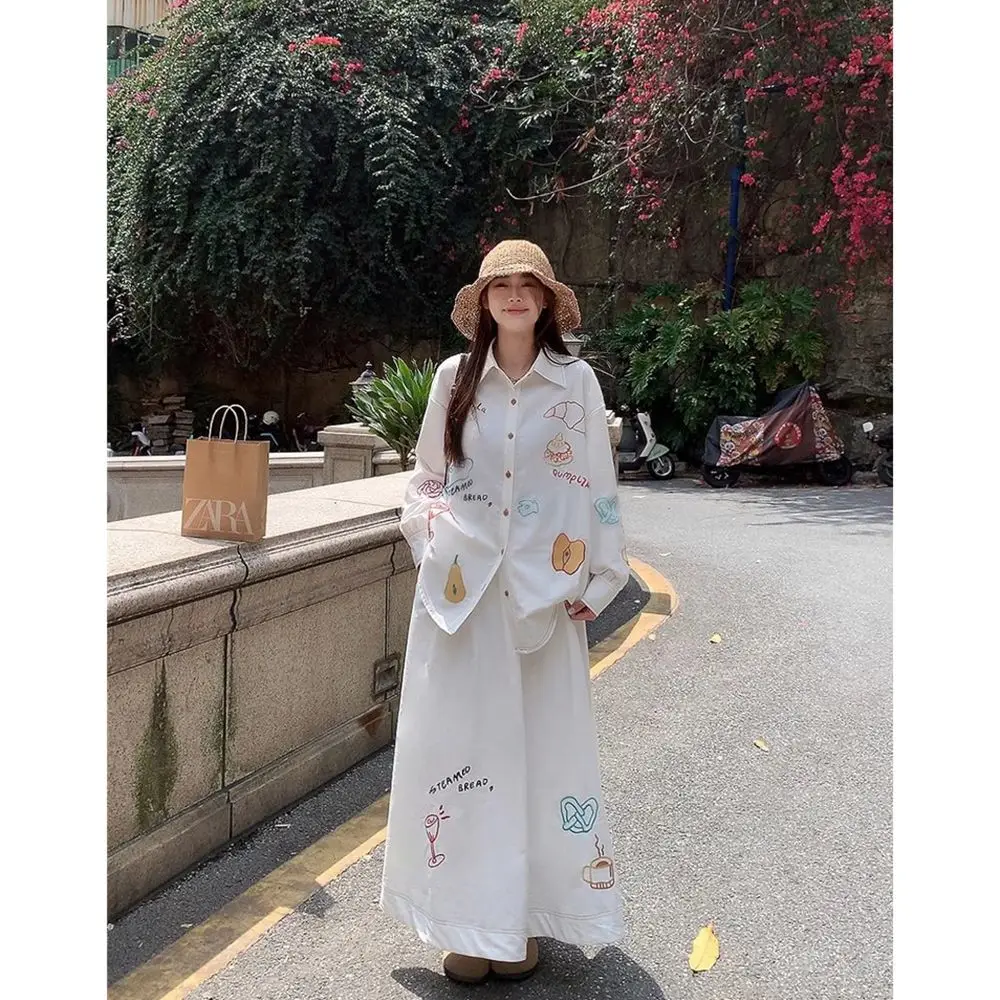 

Women Suit White Embroidered Long Sleeve Shirt High Waist Loose Long Skirt Set Spring New Fashion Two Piece Set Women Outfits