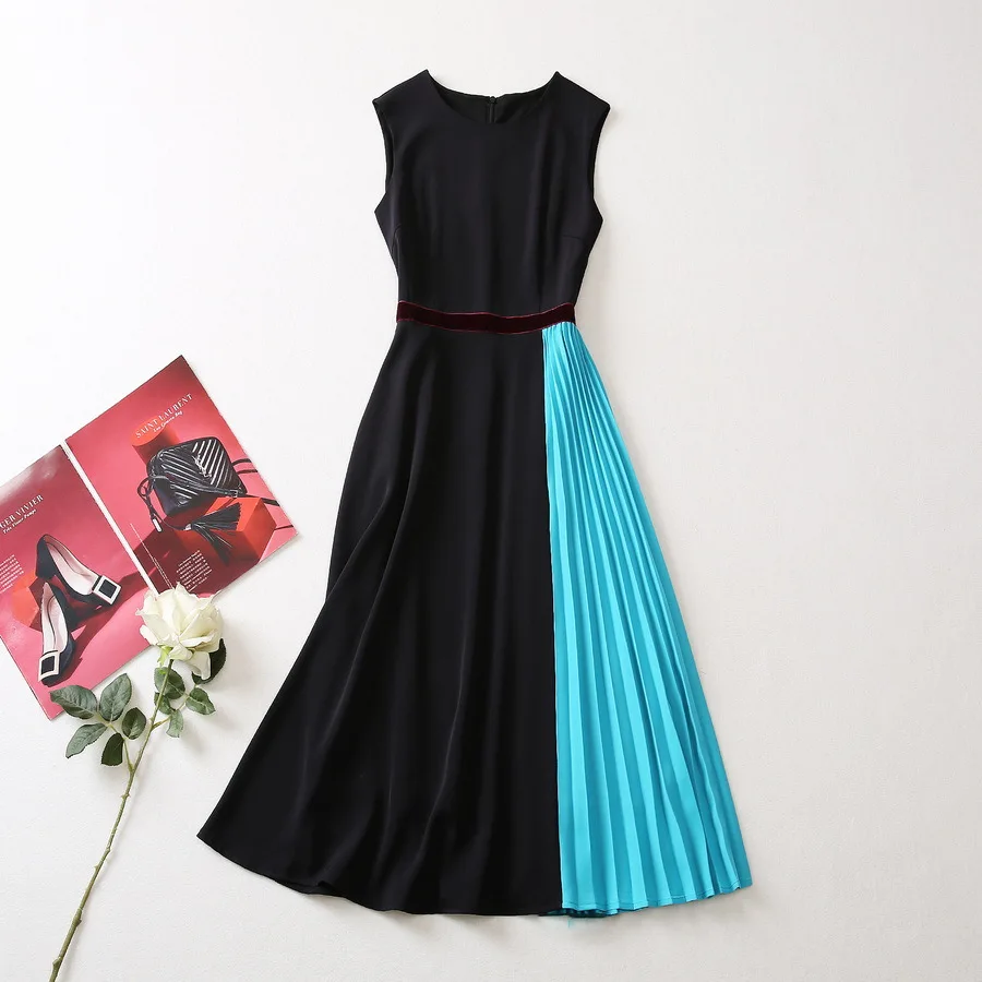 

Summer 2025 new styles of European and American women's clothing Sleeveless round-neck color combination Pleated dress