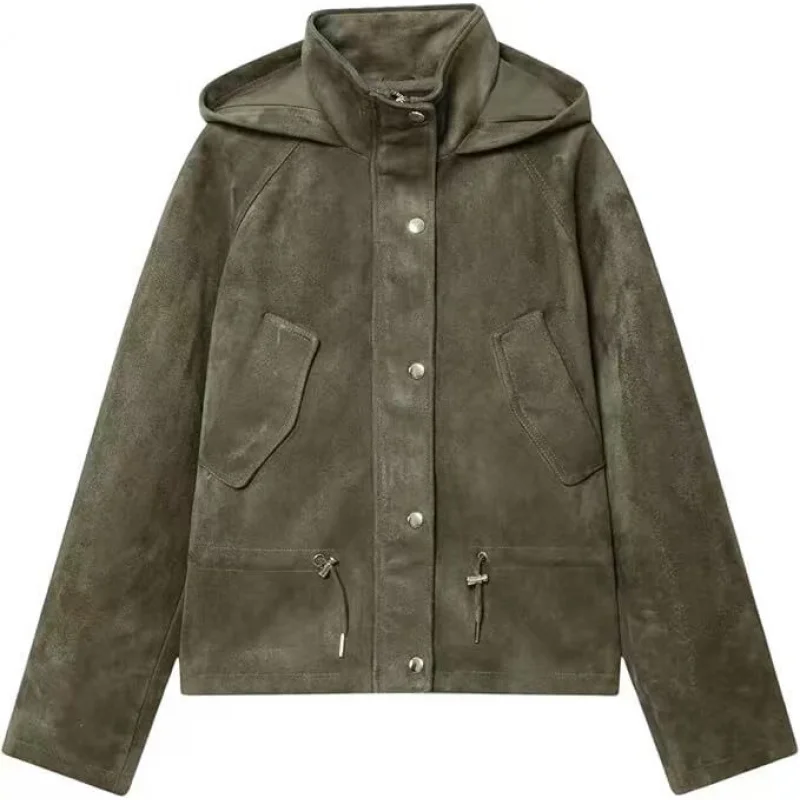 

New European and American Women's Clothing Stand Collar Suede Effect Hooded Coat