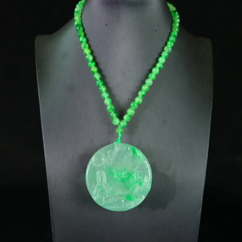 

Natural High Ice Quartzite Jade Round Brand Guanyin Pendant Necklace