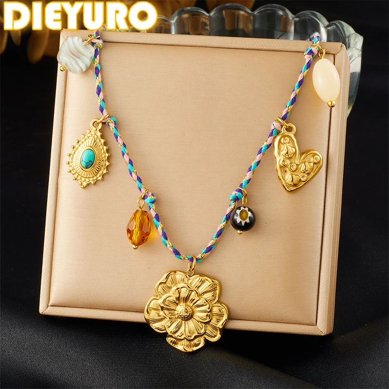 

DIEYURO 316L Stainless Steel Golden Peony Flower Turquoise Heart Necklace For Women Vintage Style Woven Rope Neck Chain Jewelry