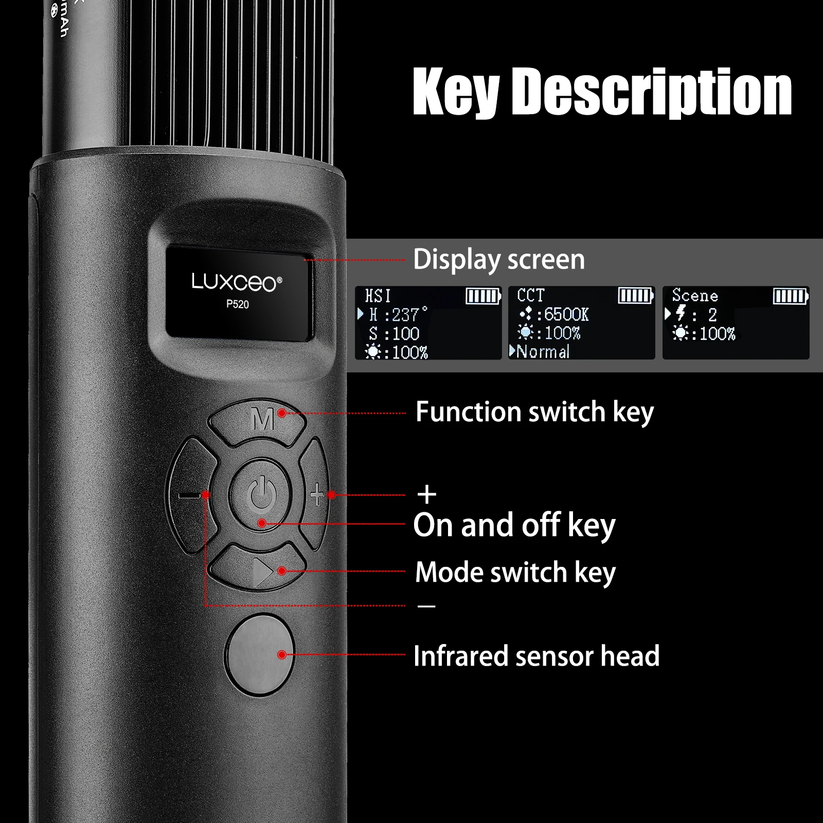 Imagem -03 - Luxceo P520 Rgb Video Light Wand Led Stick Built-in Bateria 36w 36000 Cores 2500k6000k Luzes de Fotografia de Controle Remoto com Barndoor para Estúdio Tiktok Youtube Photo Video Fill Lighting