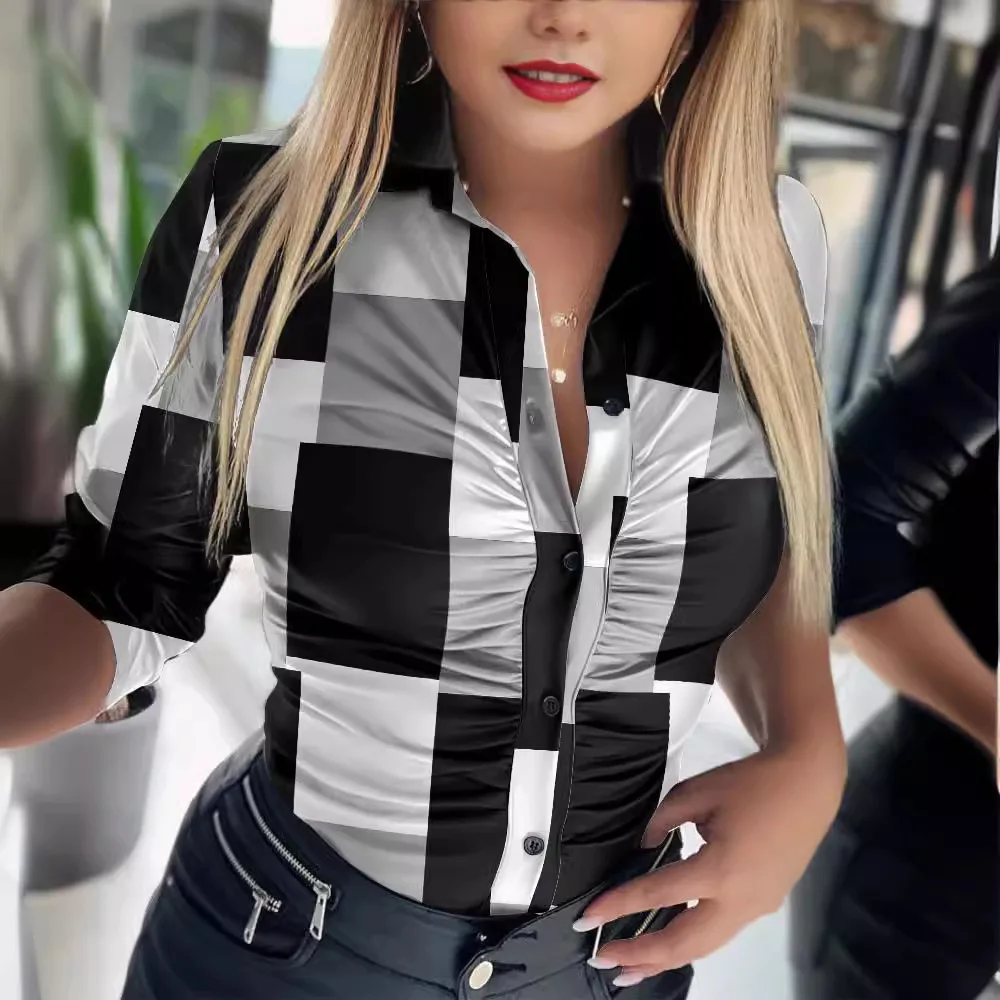 Sexy Slim Women Shirt 2024 Aummer Plaid Print Women Tops And Blouses Buttons Office Ladies Shirts Top Femme Blouse
