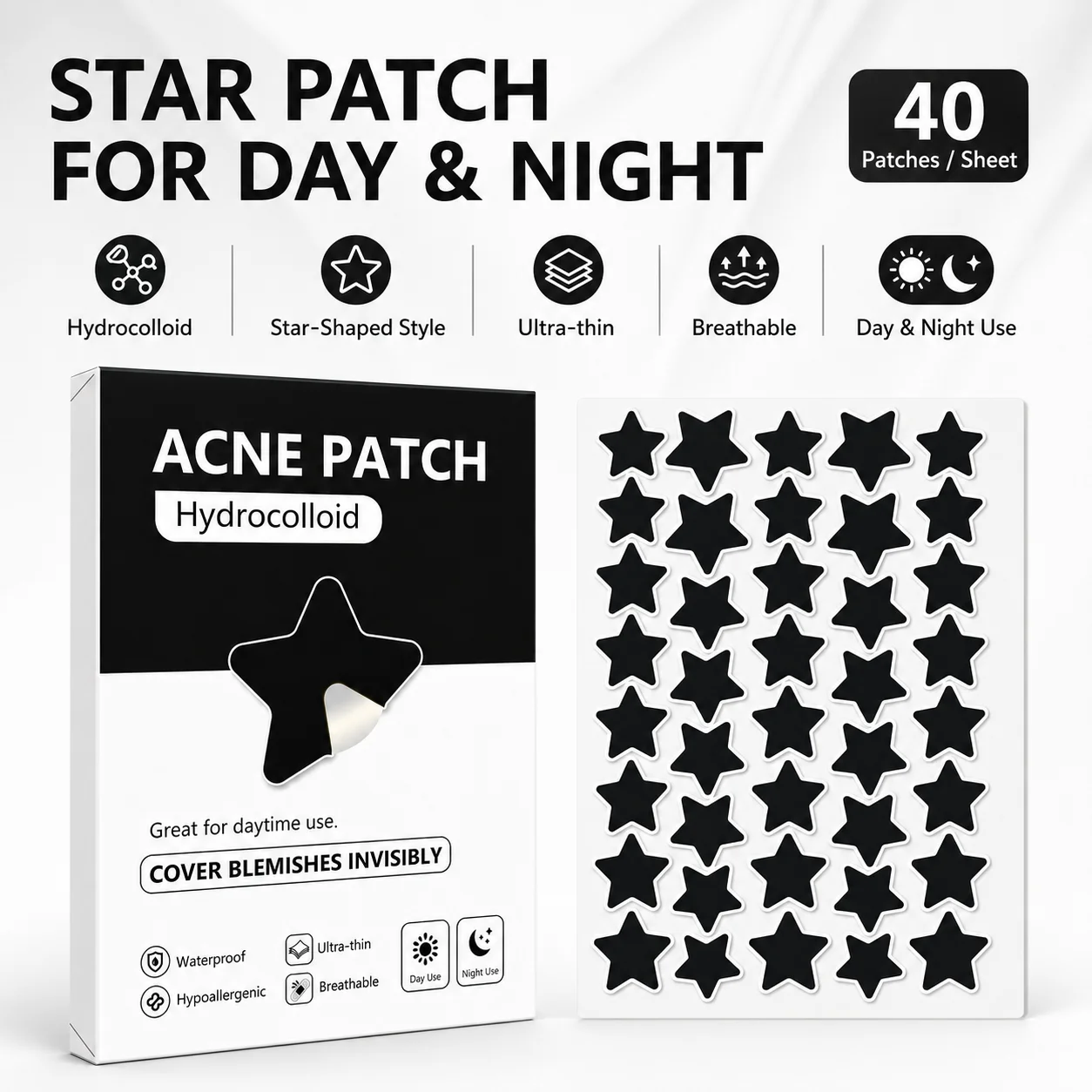 200/400/800PCS Hydrocolloid Star Acne Patches Black Ultra Thin Waterproof Blemish Cover Stickers for Face Day Night Skincare