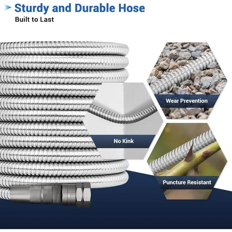 

Stainless Steel Garden Hose - 100 FT Metal Water Hose with Solid Swivel Fittings, 8-Mode Spray Nozzle, Heavy Duty