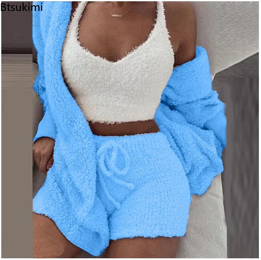 New 2025 Women Velvet Three Piece Suit Outfits Soft Warm White Matching Set Crop Top And Shorts Lounge Home Wear Pijama Oversize
