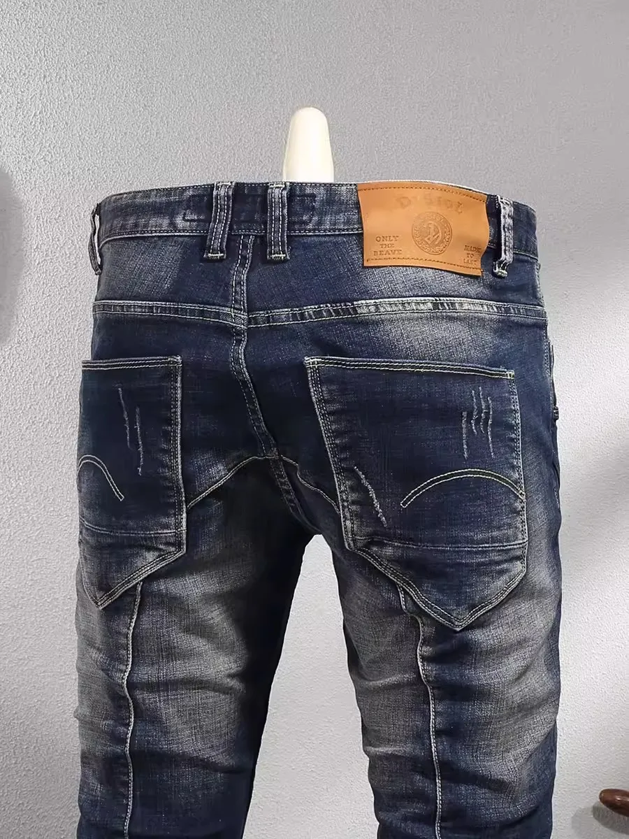 Streetwear Fashion Men Jeans Retro Black Blue Stretch Slim Fit Ripped Jeans Men Spliced Designer Hip Hop Vintage Denim Pants