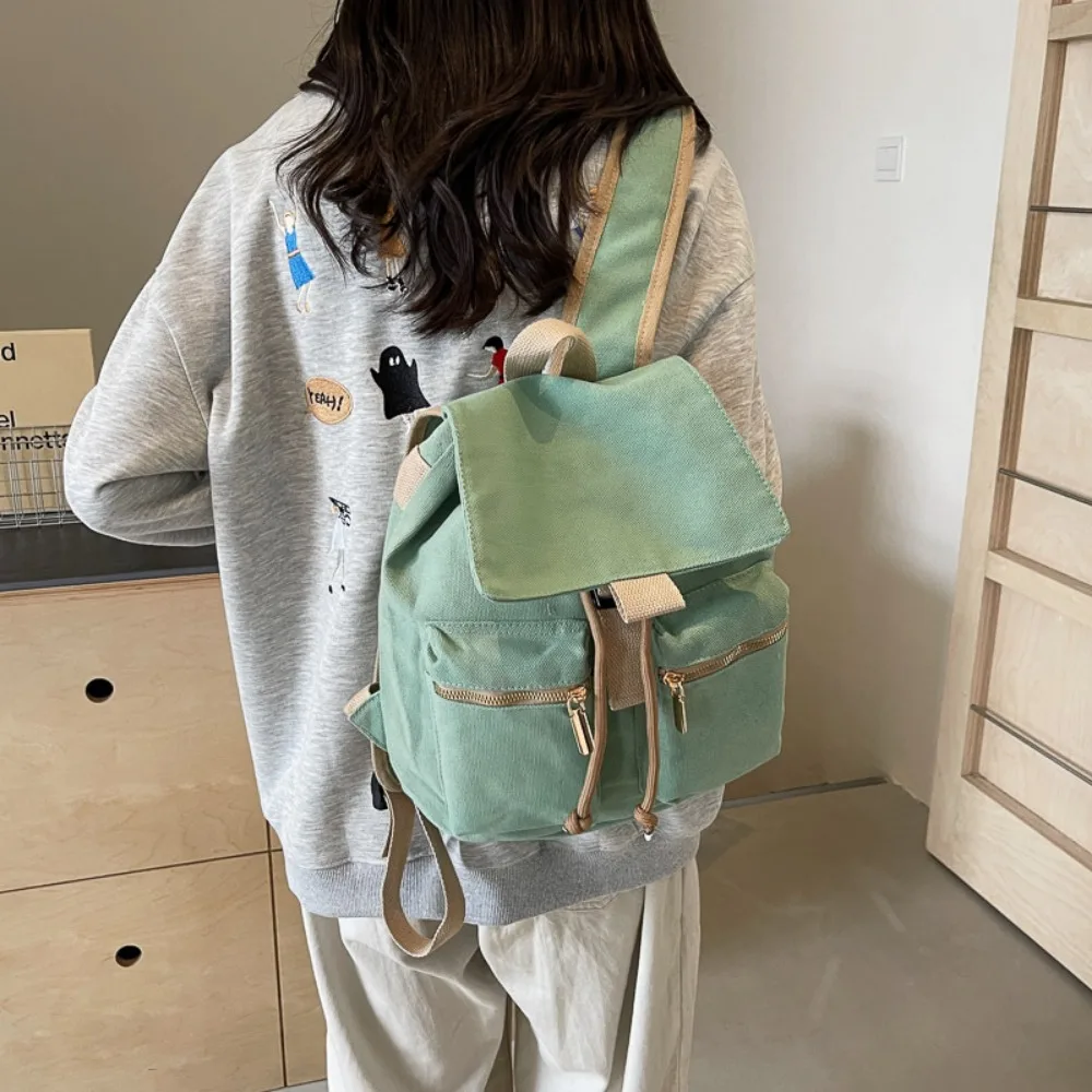 Mochila de viagem com cordão para mulheres, bolsos múltiplos, alça ajustável, cor sólida, estudantes, moda