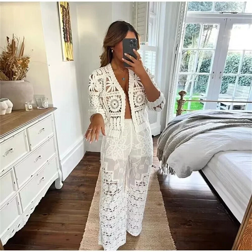 2024 Hollow Hook Flower Women Lounge Set Fashion 3D Knitted Cardigan Pants Set Homewear Summer Women Casual Outfits Suit New