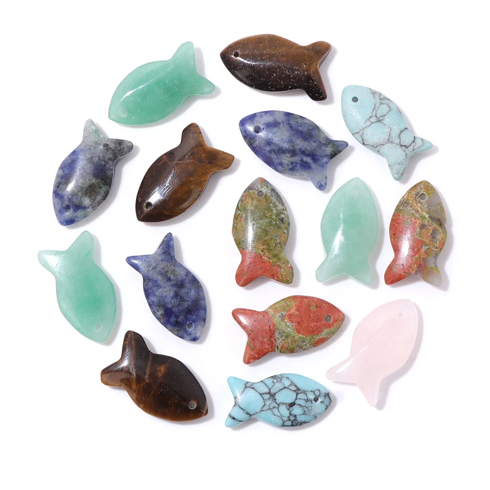2Pcs Fish Shape Natural Stone Pendants Unakite Aventurine Turquoises Gems Stone Charm for Jewelry Making Necklaces 13x26mm