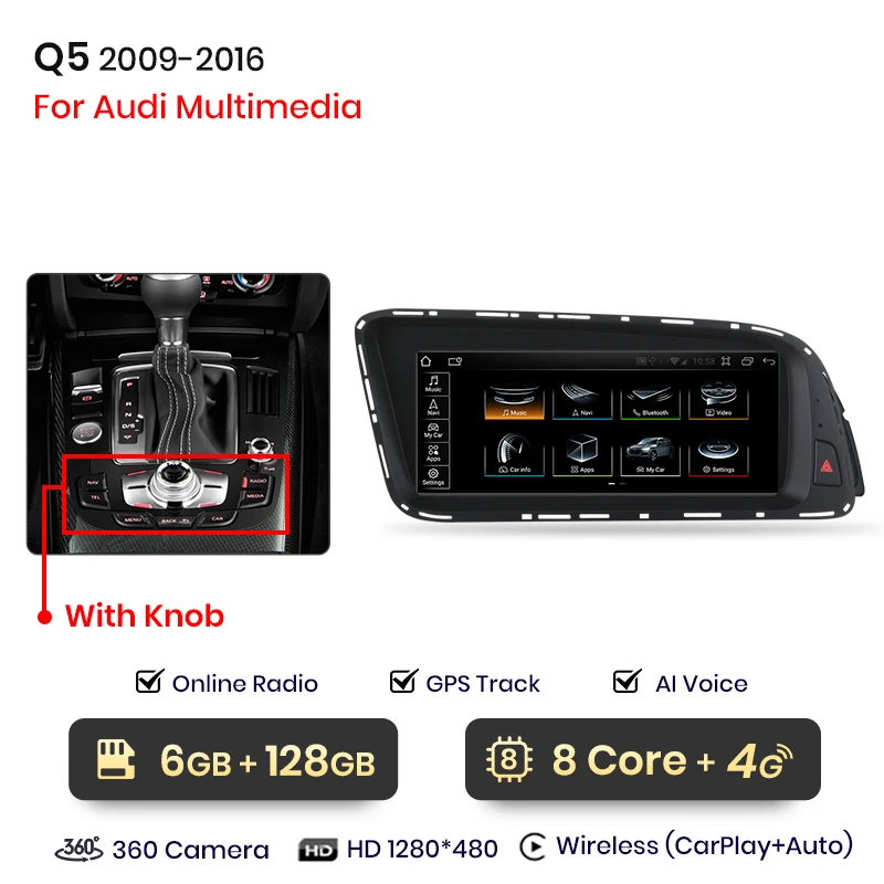 Junsun 8.8 Inch Carplay Voor Apple Car Radio Multimedia Voor Audi Q5 2009-2016 4G Lte Wifi Bluetooth Draadloze Android Auto Stereo