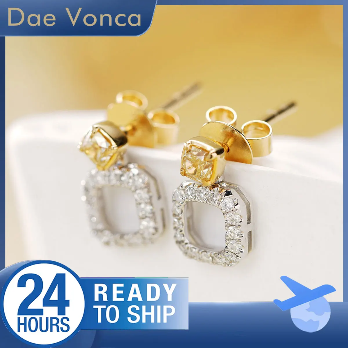 

Convertible Yellow Diamond Stud Earrings 18K Yellow & White Gold Cushion Natural Diamond Pavé Halo Earrings For Birthday Gift