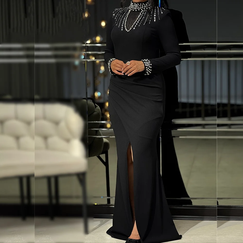 Customized Luxury Evening Dress Rhinestone High Collar Trumpet Black Long Dresses Bespoke Occasion Classic Elegant Party