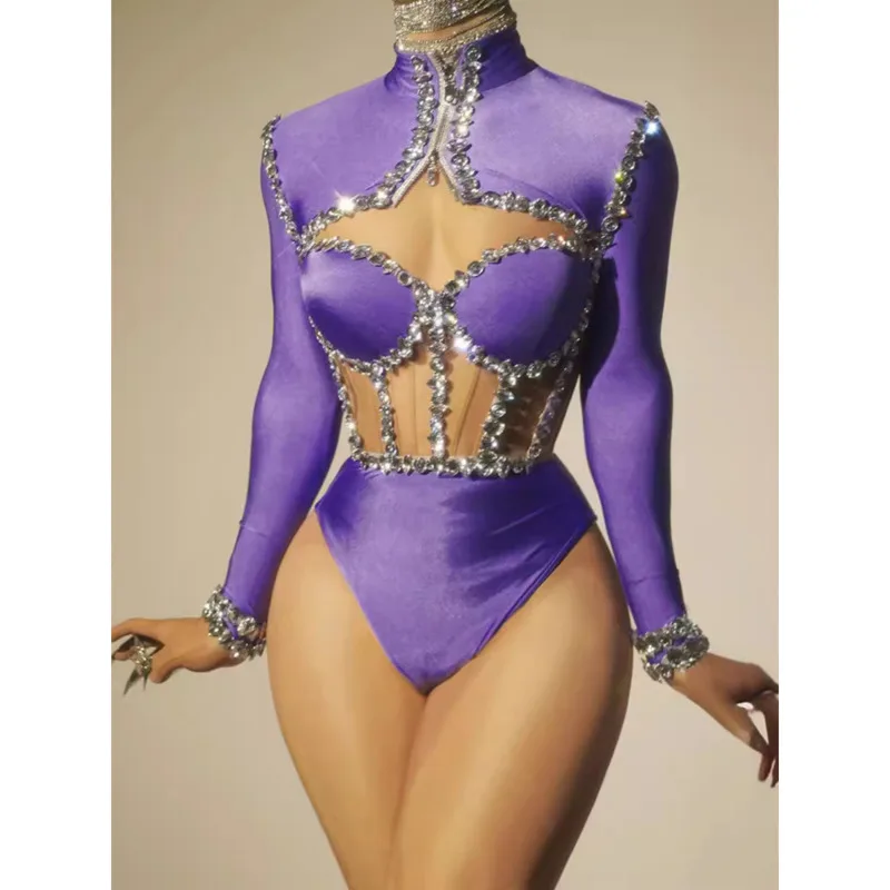 Women Sexy Sparkly Diamonds Leotard Set Performance Dance Costume Singer Dancer Stage Bodysuit Nightclub Pole Dancing Dress