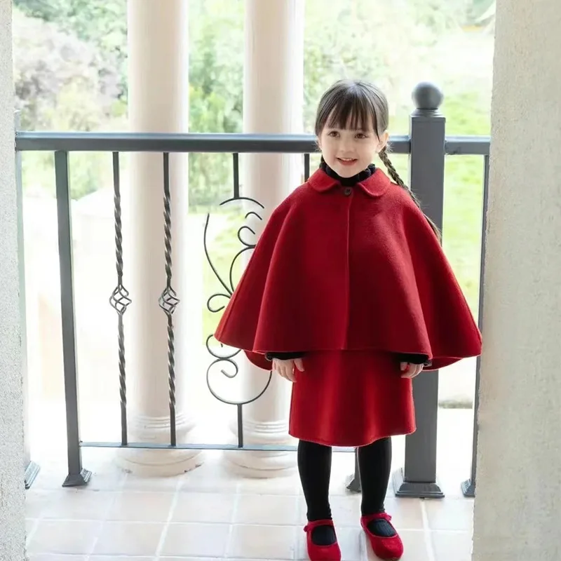 1-12 anni vestiti per bambini ragazza moda principessa mantello di lana rossa + vestito 2 pezzi Set inverno autunno bambini collare per bambini