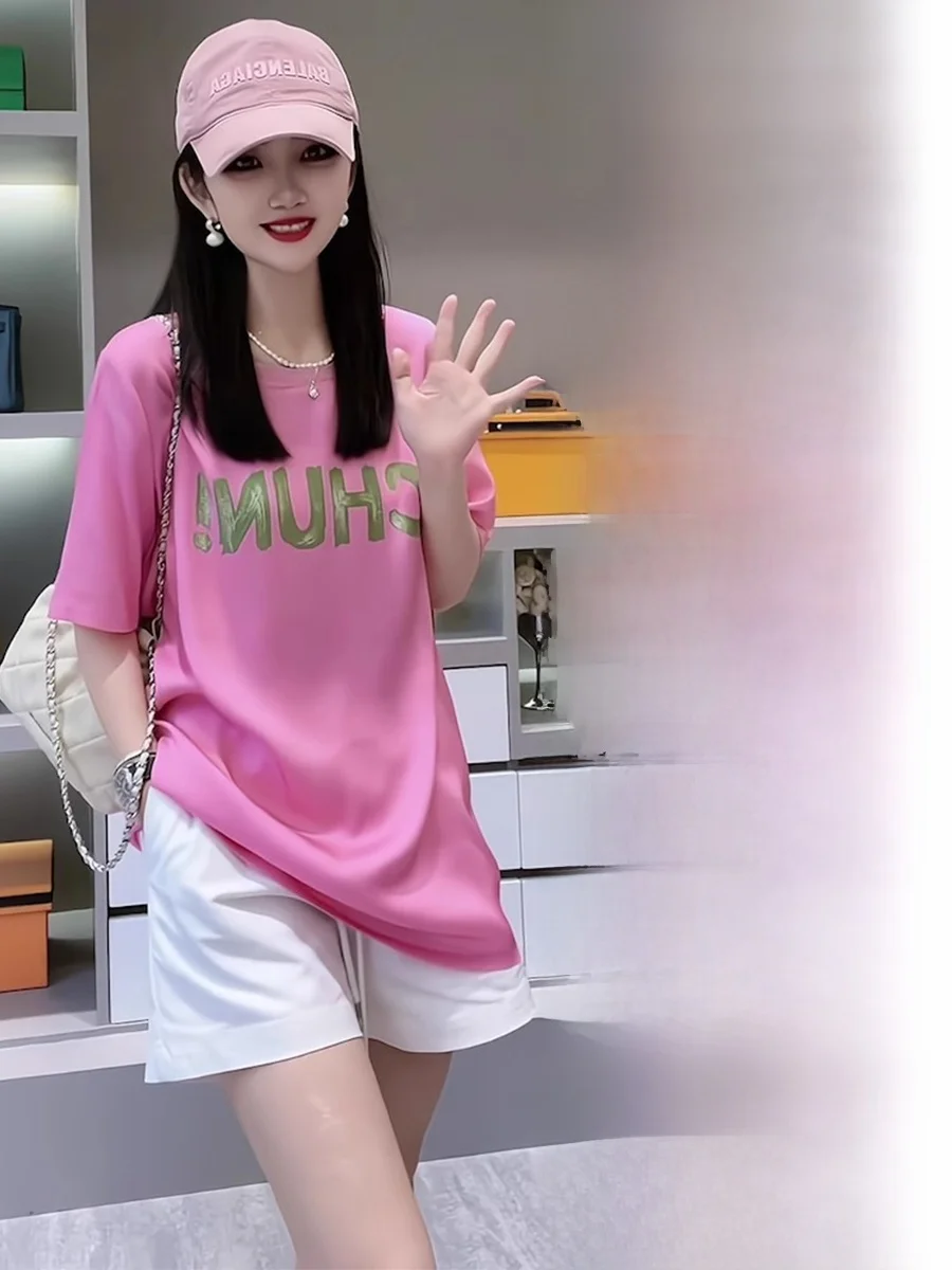 Faionable plus Size Pink Printed T-irt And orts Set Summer Casual Wear round Ne ort Sve H Edition mid Length Dr