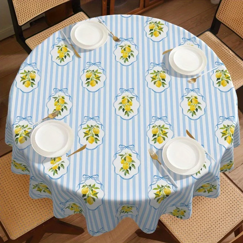 One round tablecloth with lemon stripes, made of polyester fiber, in Bohemian style.