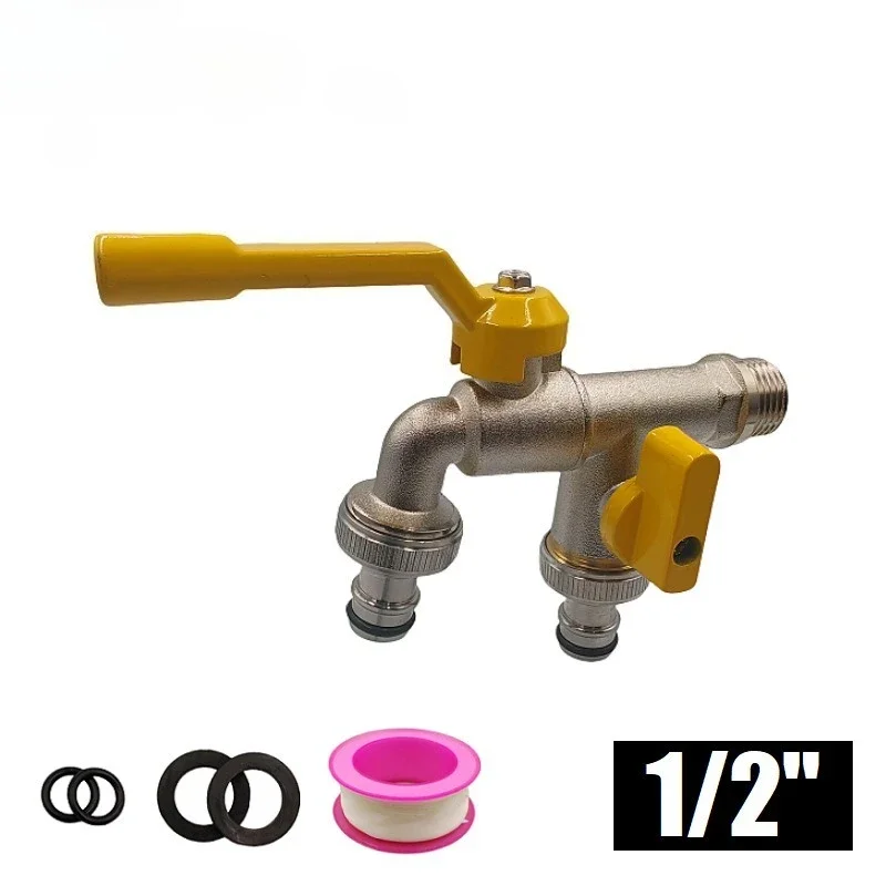 1/2 Gardening Double Water Outlet Brass Faucet with One In and Two Out Double Pacifier Brass Faucet