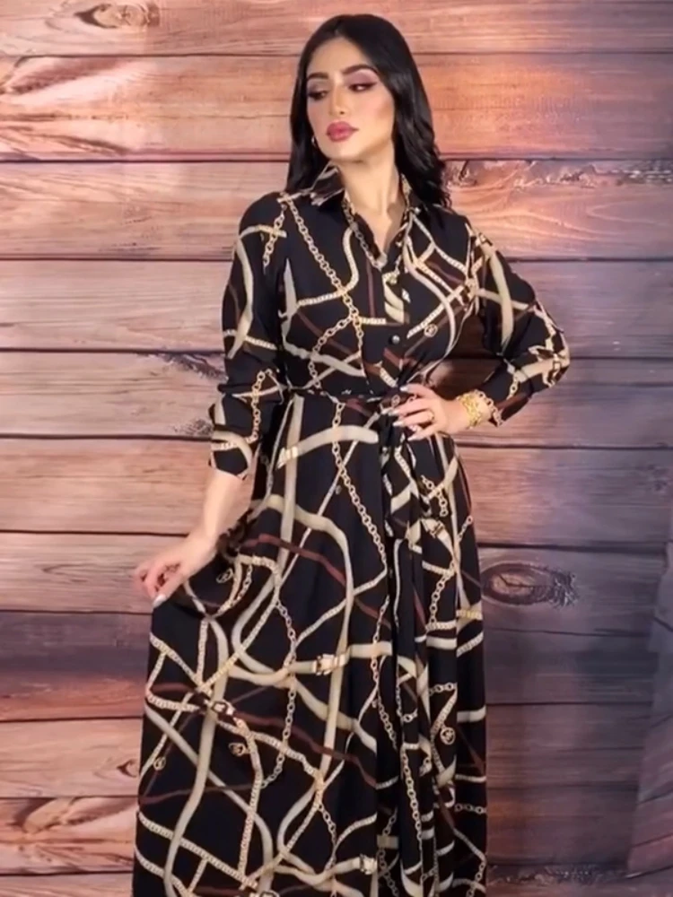 Autumn Muslim Dress Women Morocan Kaftan Long Sleeve Maxi Shirt Dress Turkey Dubai Print Abaya Islamic Clothing India Vestidos