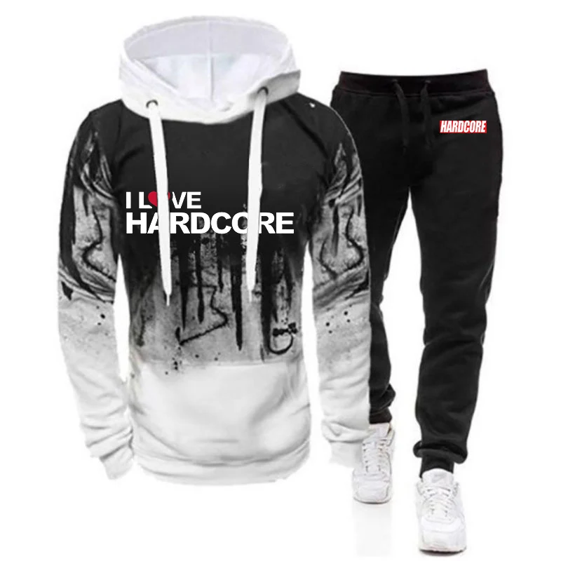 2024 New Hardcore Men's Fashion Spring And Autumn Tracksuits Gradient Color Hooded Hoodie + Print Leisure Sweatpant Suit