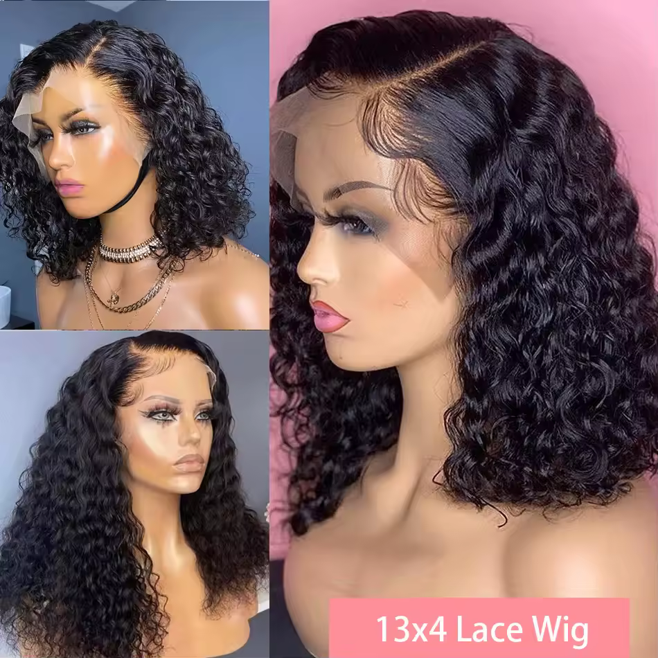 Short Bob 13x4 Lace Frontal Human Hair Deep Wave Transparent Lace Front Wig 100% Human Hair Curly 4x4 Lace Wig For Women 14 Inch - AliExpress 