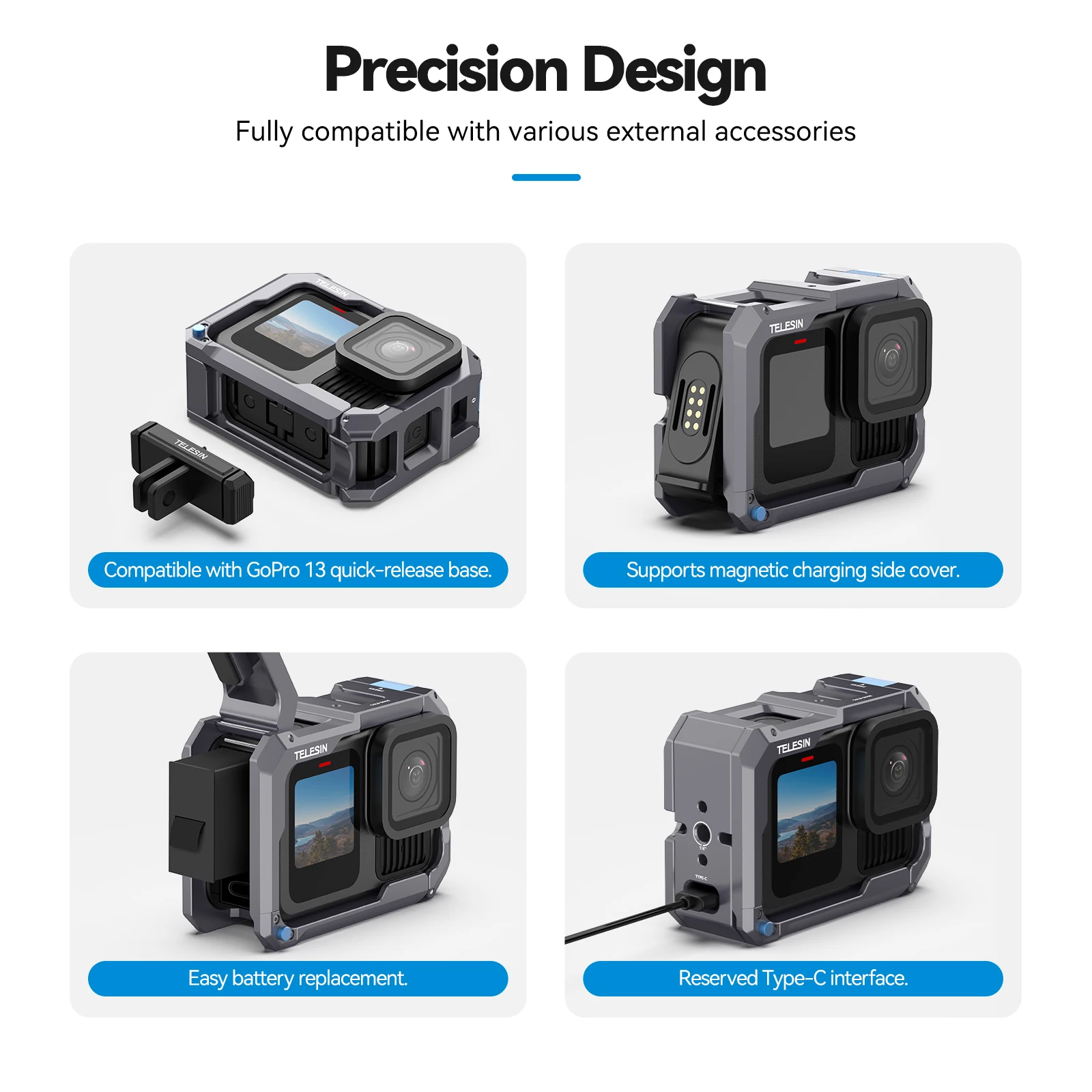 TELESIN Upgraded Metal Rabbit Cage Charging Protection Cold Shoe Adapter Aluminium Alloy Case For Gopro Hero 13 12 11 10 9