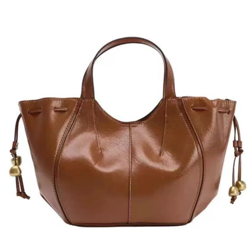 

2025 New Brown Drawstring Beaded Handbag Women's Large Capacity Fashionable Tote Bag Magnetic Clasp Commuter Crossbody Bag