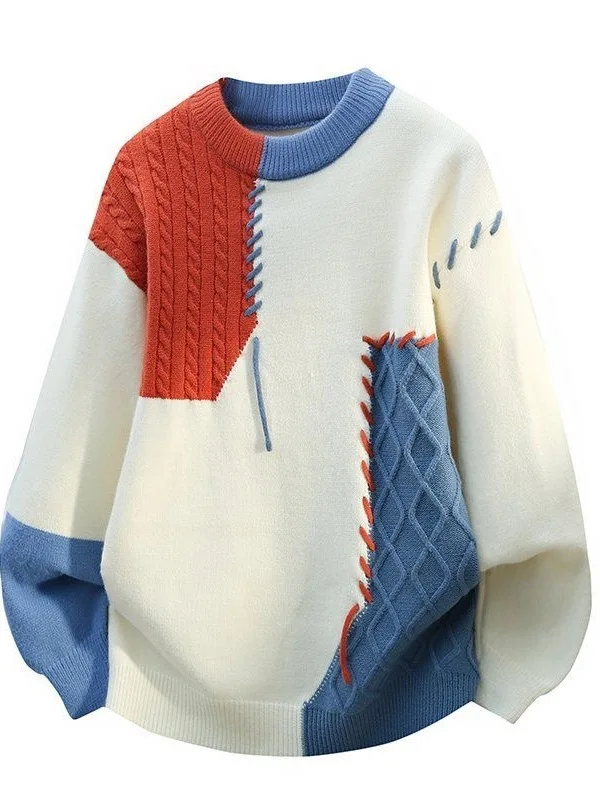 

Color Blo Thiened Men's Knitted Sweater Casual Loose Sle Winter Warm Base Layer irt Geometric Pattern round Ne