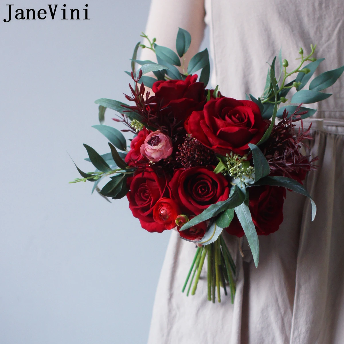 JaneVini Vintage Red Rose Wedding Bouquet for the Bride Bridesmaids Flowers Bridal Bouquets Artificial Handmade Bouquet Fleur