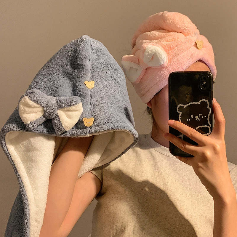 Cute Bow Hair Drying Cap for Women High Appearance Double Layer Thickened Super Absorbent Quick Dry Shower Cap Hair Washing Towe
