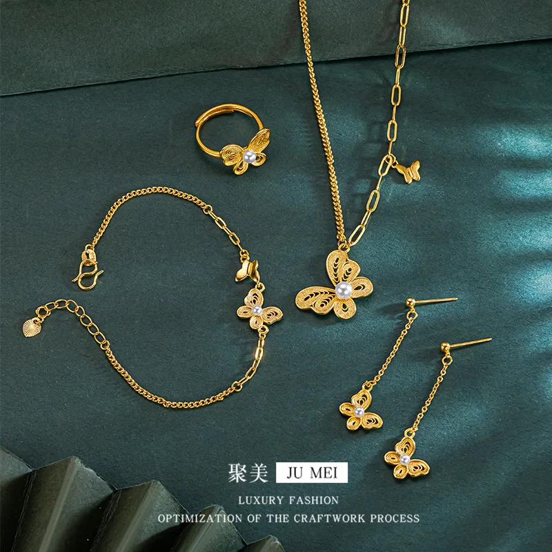 

Luxury 24K 9999 Pure Gold real gold Women's Butterfly Love Flower Pearl Bracelet Butterfly Bead Ring Earstring Earring Set Chain