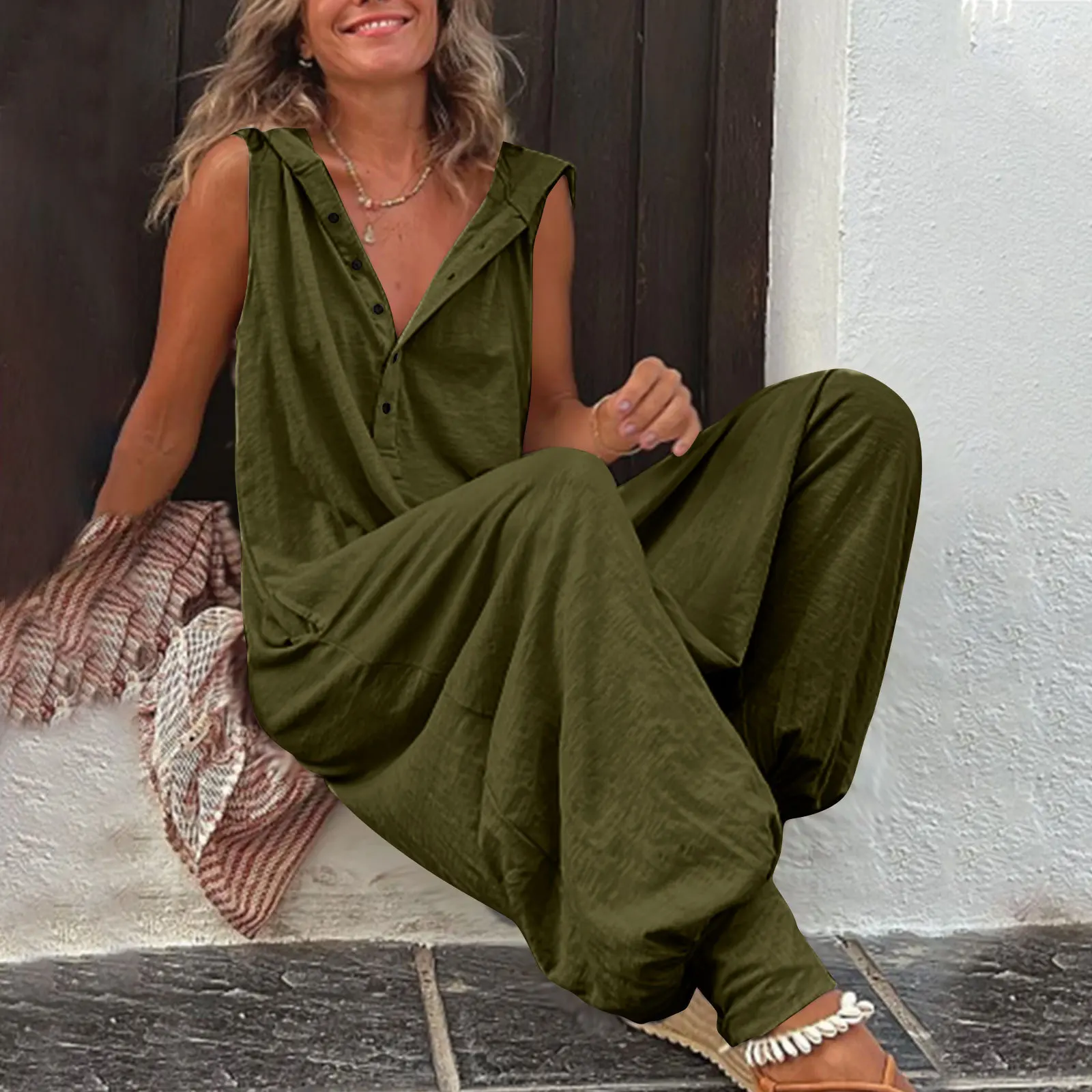 Damen Sommer Ärmelloser Lässiger Kapuzen-Jumpsuit V-Ausschnitt Lose Haremshose Einteiler für Urlaub und Alltag – Detail 7