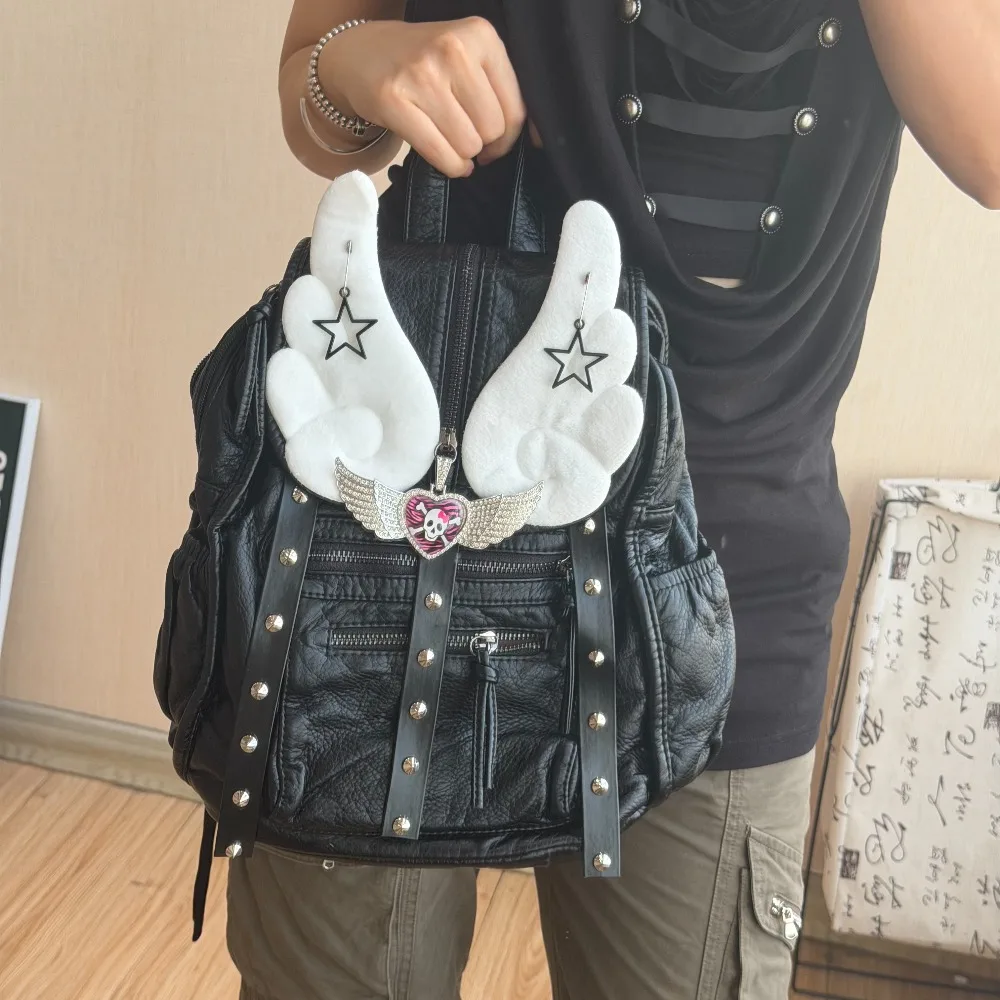 Original Spice Girl Rock Black Backpack Female Personality Rivet Wings Decorative Bag Large Capacity Backpack