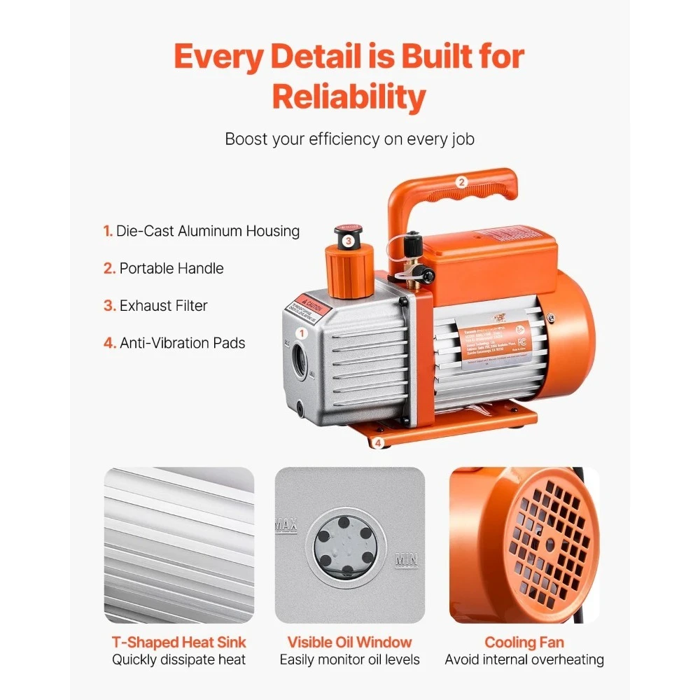 مضخة تفريغ 3.5 CFM، مضخة تفريغ دوارة أحادية المرحلة HVAC، لأنظمة R134a R22 R410a، مجموعة مضخة تفريغ التيار المتردد التلقائي مع زجاجة زيت