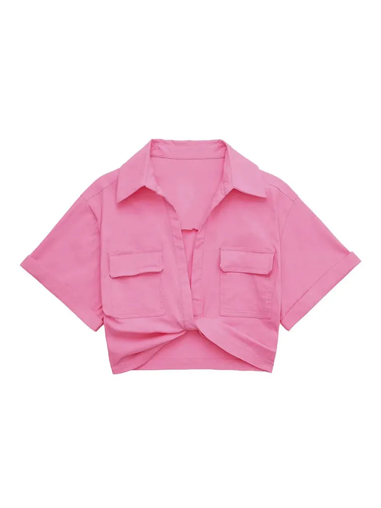Blusa de linho curta atada para mulheres, quimono senhora, estilo safari, bolsos, tops chiques, camisa recortada