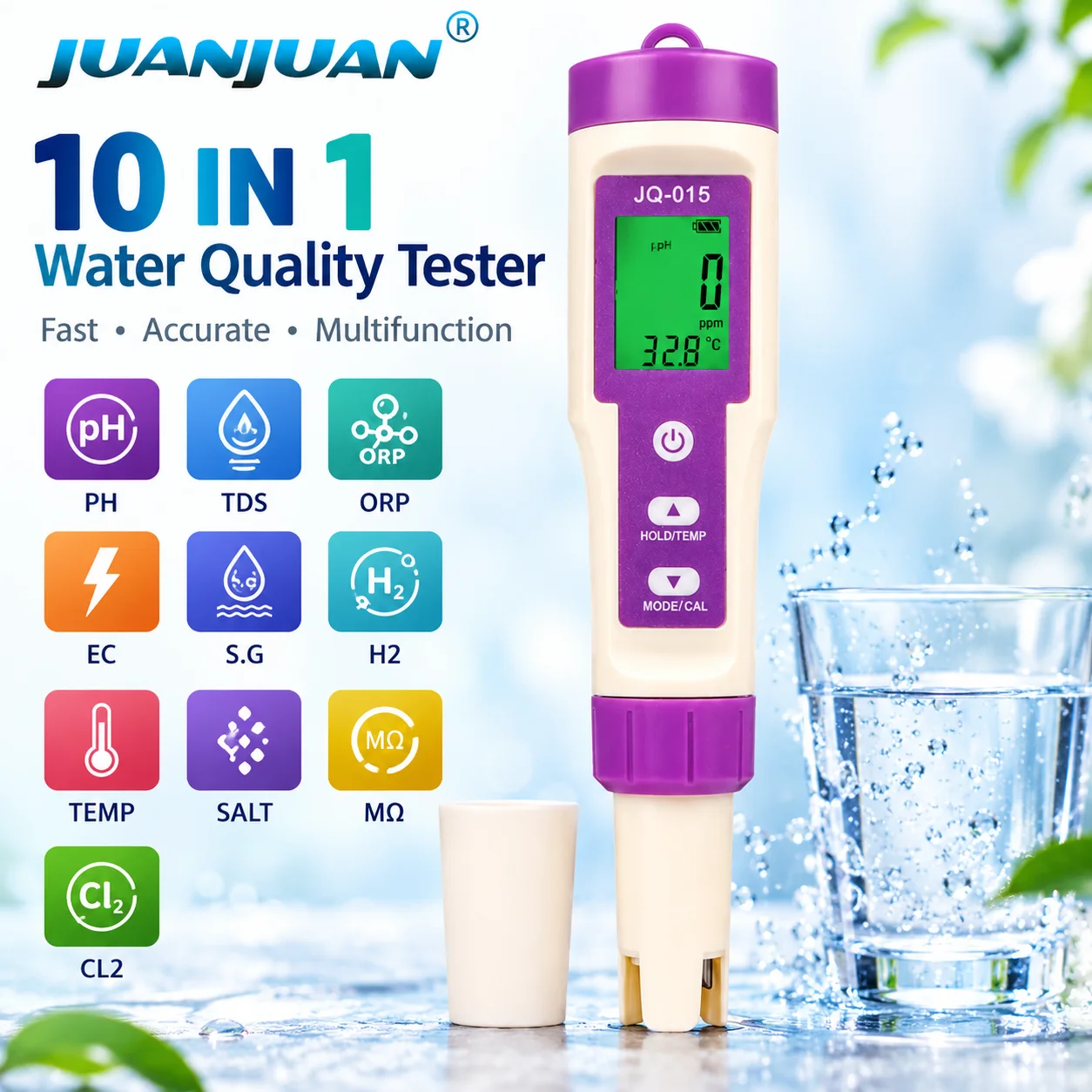 10 In 1 Water Quality Tester CL2 Residual Chlorine Meter PH TDS ORP EC S.G H2 TEMP SALT MΩ Test Pen for Swimming Pool SPA
