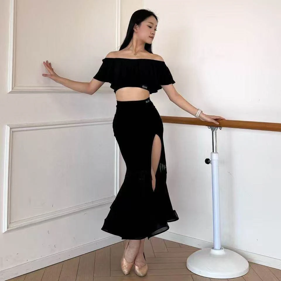 Roupas de dança latina mulheres dança de salão prática desempenho curto topos fenda saia longa vermelho preto tango wear 2 pçs terno dnv26037