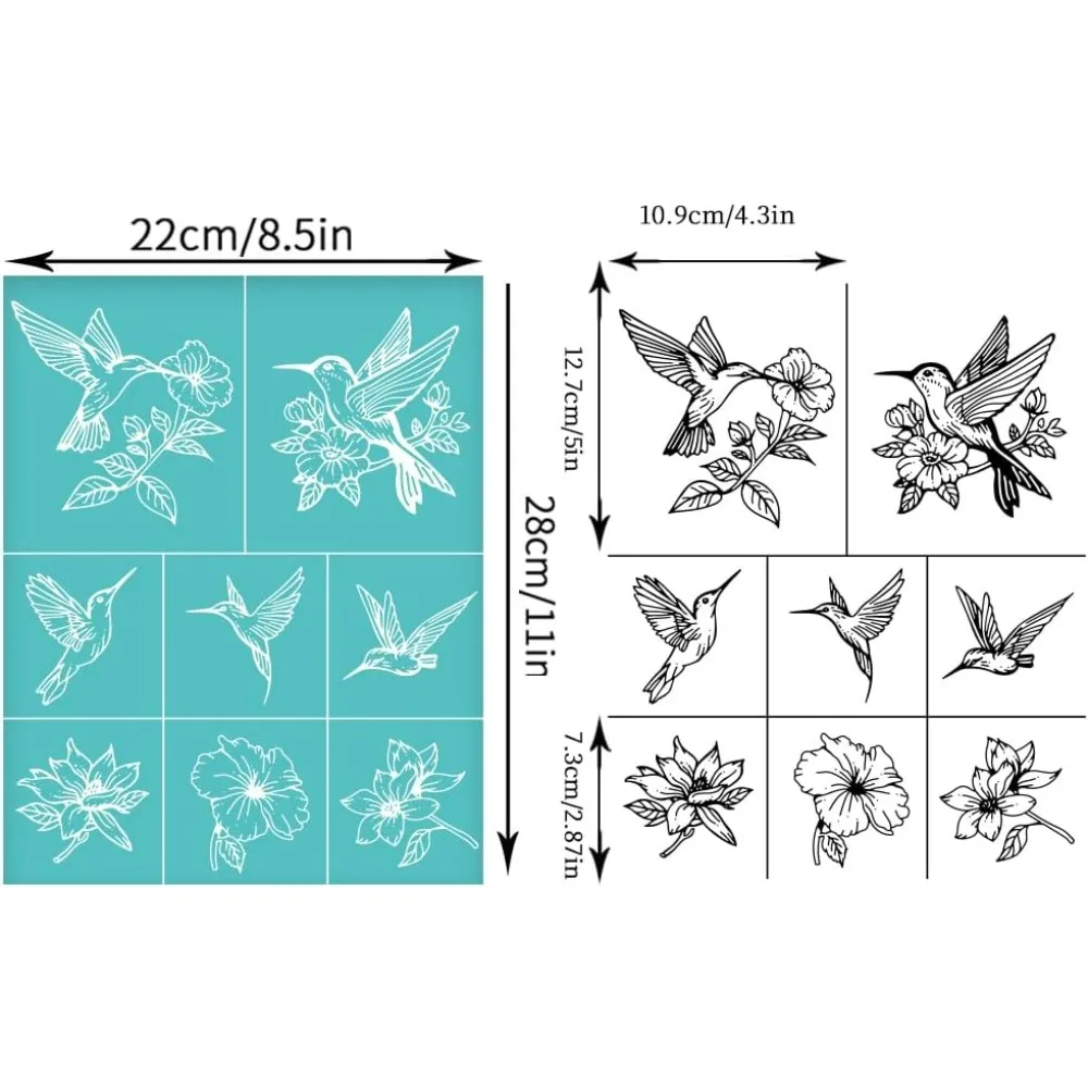 2 Sheets Hummingbird Silkscreen Stencil Bird Flower Painting Stencils Templates Reusable Self-Adhesive Silk Screen Printing