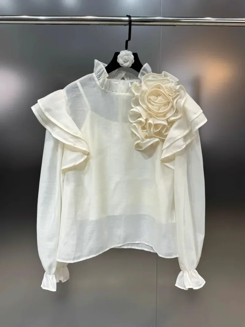 2024 Spring Stand Collar Long Sleeved Blouse Ruffled Three-Dimensional Big Flower with Sling Women's Temperament Two Pieces Sets