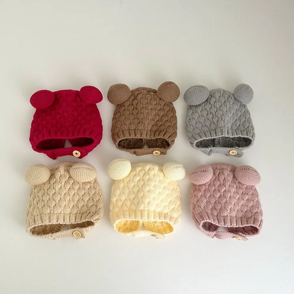 

New Warm Knitted Hat Coldproof Cute Bear Ear Protection Hat Knitted Pompom Pullover Cap Autumn and Winter