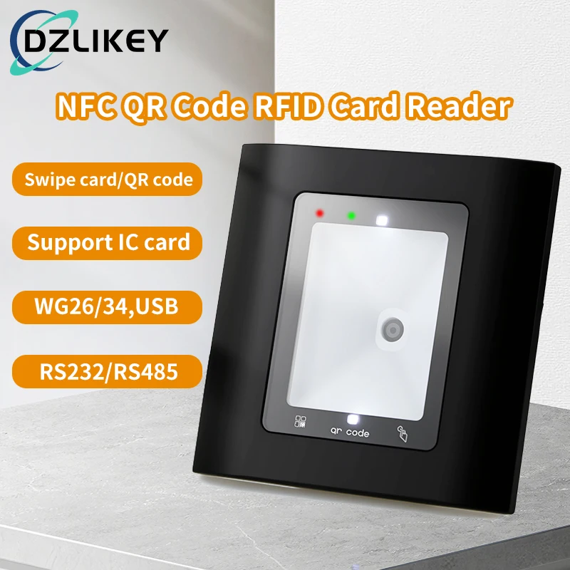

RFID-считыватель QR-кода NFC, встроенный переключатель карт контроля доступа с ИС 13,56 МГц, Wiegand26/34, RS485, RS232, формат USB для офиса/ворота