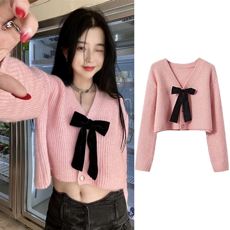 Autumn Sweet Bow Knitted Cardigan Women V-neck Long Sleeve Casual Loose Knitwear