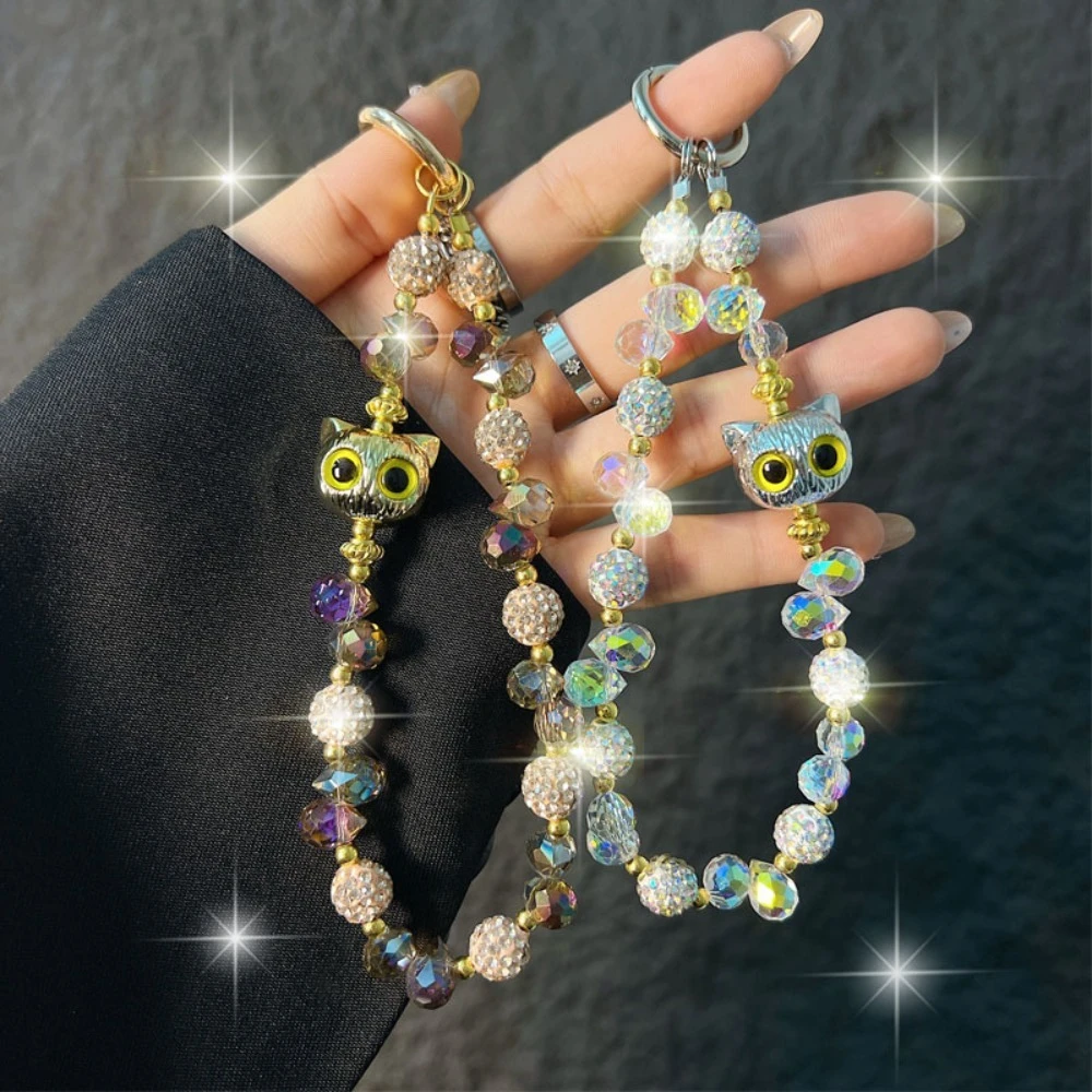 Luxury cat set diamond round bead crystal bead mobile phone chain, fashionable bag decoration, keychain