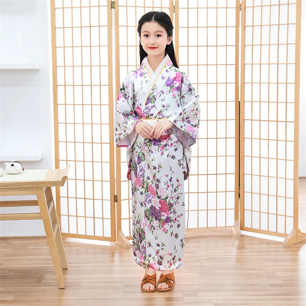 Kids Japanese Style Bathrobe Girl Princess Dress Floral Printed Performance Outfit Clothing Children's Kimono