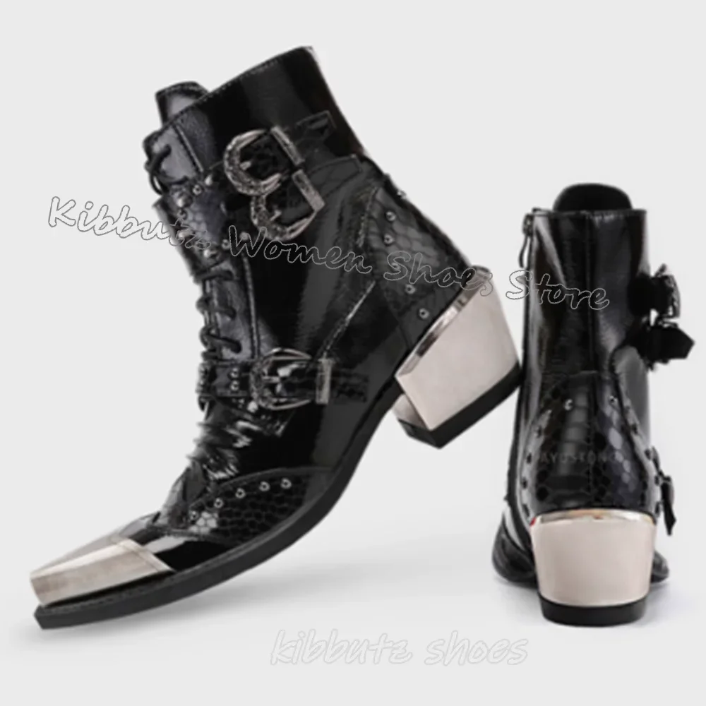 Stivaletti con decorazioni in metallo Rivetti Novità Cerniera in pelle Moda Elegante Sexy Conciso Scarpe da donna di lusso Punta quadrata Tacco grosso Nuovo