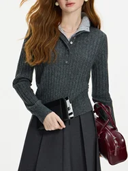 FSLE 6.2% Wool Collision Gray Fake Two-piece Stand-up Collar Versatile Knit Sweater 2024 New Versatile Casual Tops 24FS14162