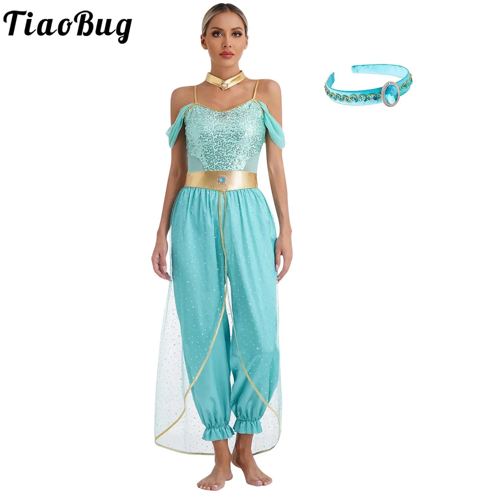 

Womens Arabian Princess Outfit Belly Dance Costume Gems Adorned Headband and Sequin Rompers Princess Halloween Fancy Dress Up