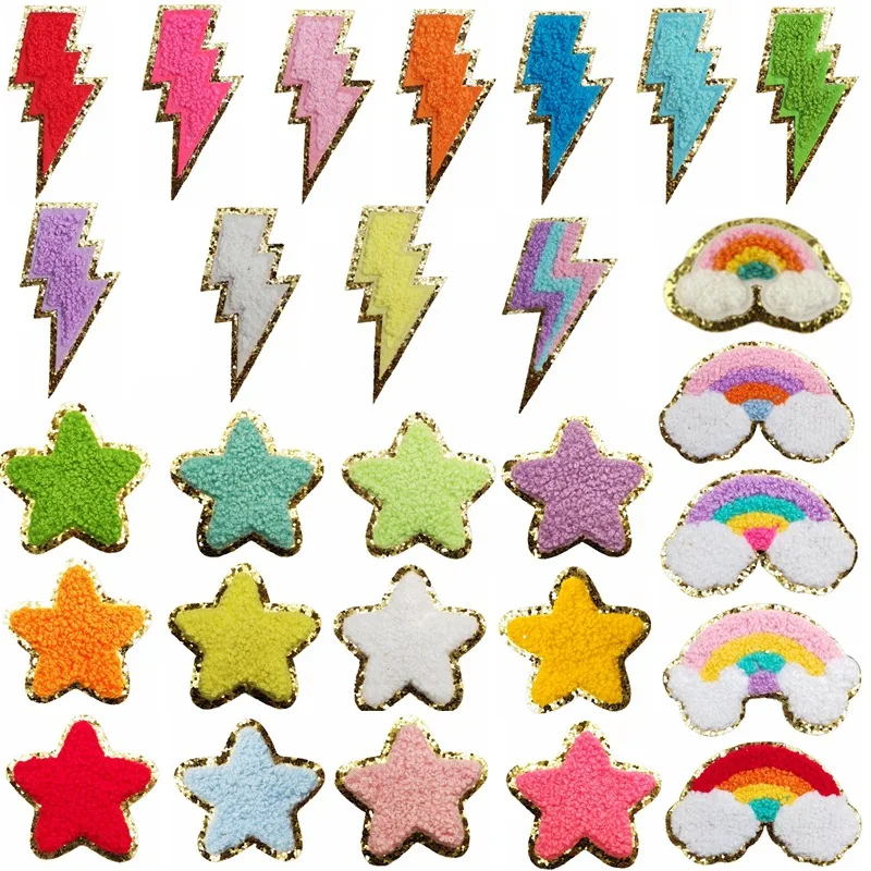 10pcs Set Chenille Self-Adhesive Patches Shiny Glitter Base Lightning Star Rainbow Patch for Bags Hats Jackets Clothing