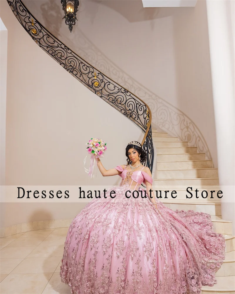 Shinning Pink Quinceanera Dresses Ball Gown 2024 Beaded Lace Appliques Corset Sweet 16  Dress vestidos de quinceañera