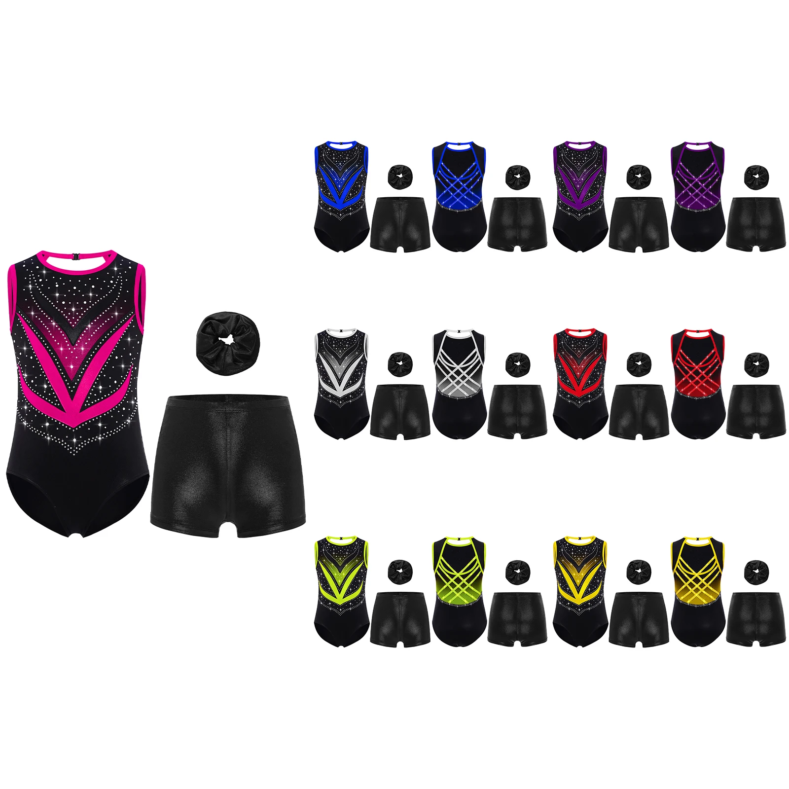 Jersey de Ballet para niñas, Ropa de baile Unitard, leotardo de gimnasia de patinaje artístico metálico con pantalones cortos metálicos de cintura alta, diadema